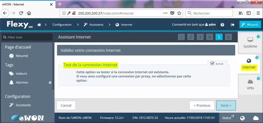 Test de la connexion internet